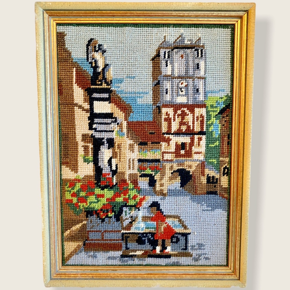 Vintage Needlepoint Picture Girl Fountain Building